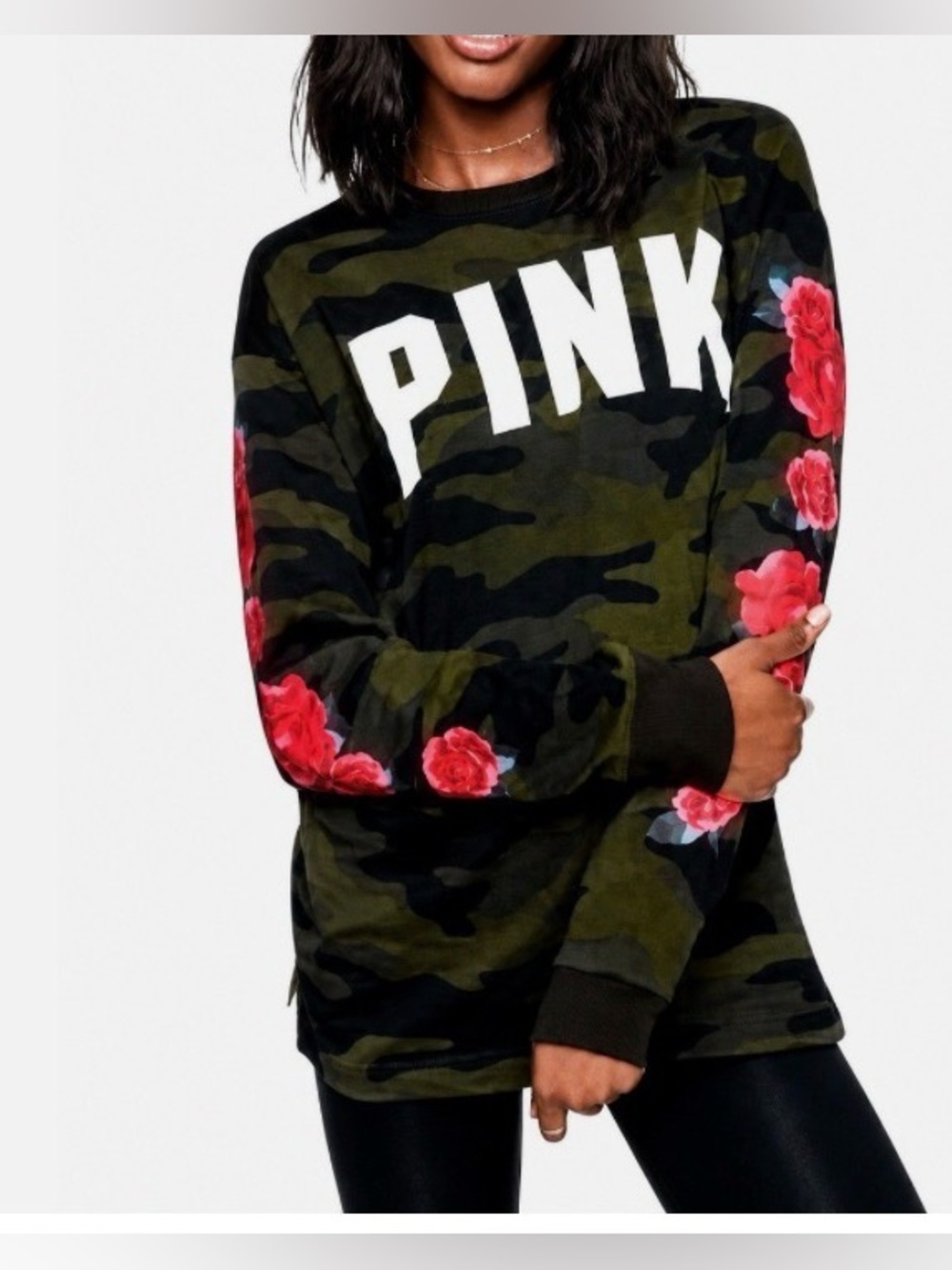 PINK Victoria's Secret Olive Camo Long Sleeve Tee with Pink Rose Sleeves Size M